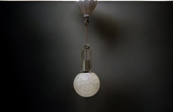 GENÊT & MICHON - Art Deco suspension lamp in nickel-plated metal and faceted ball in matified glass.