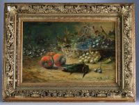 Michel-Antoine HENDRICKX (1847-1906) attr. to “Nature morte au merle et aux fruits” Oil on canvas, 19th century.