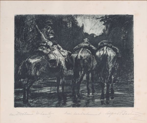 Alfred T. BASTIEN (1873-1955) “Soldier on horseback” Etching, signed and dedicated.