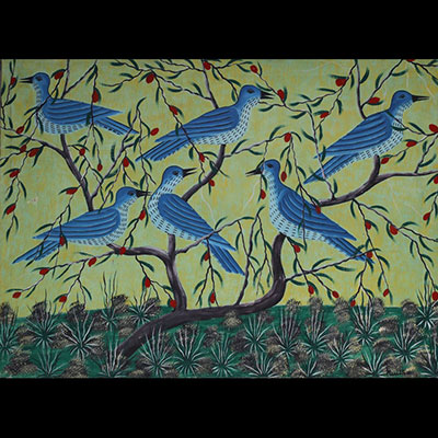 MUILA (XX) ‘Les oiseaux’ Oil on African canvas, signed.