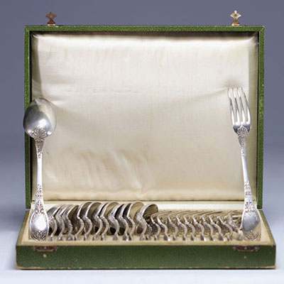 CAILAR BAYARD, Empire style boxed set of 24 silver plated cutlery, forks and spoons.