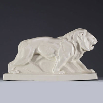 In the style of Auguste LEJAN (XX) Lion, Peugeot model, cracked earthenware proof, 20th century.