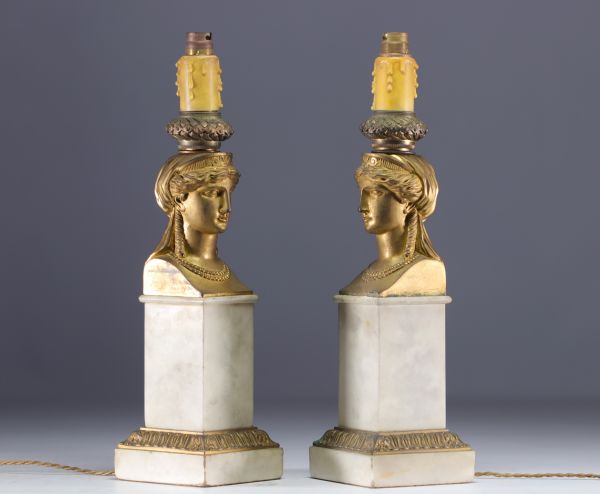 Pair of white marble and gilt bronze lamps with Caryatid faces, Empire period. OVER 100 YEARS OLD