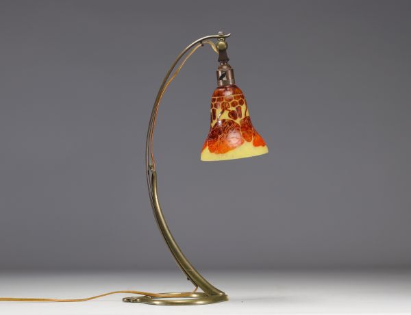 Art Nouveau bronze lamp with acid-etched tulip 