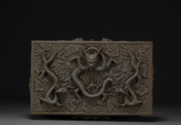 China - Patinated brass cigar box decorated with dragons.