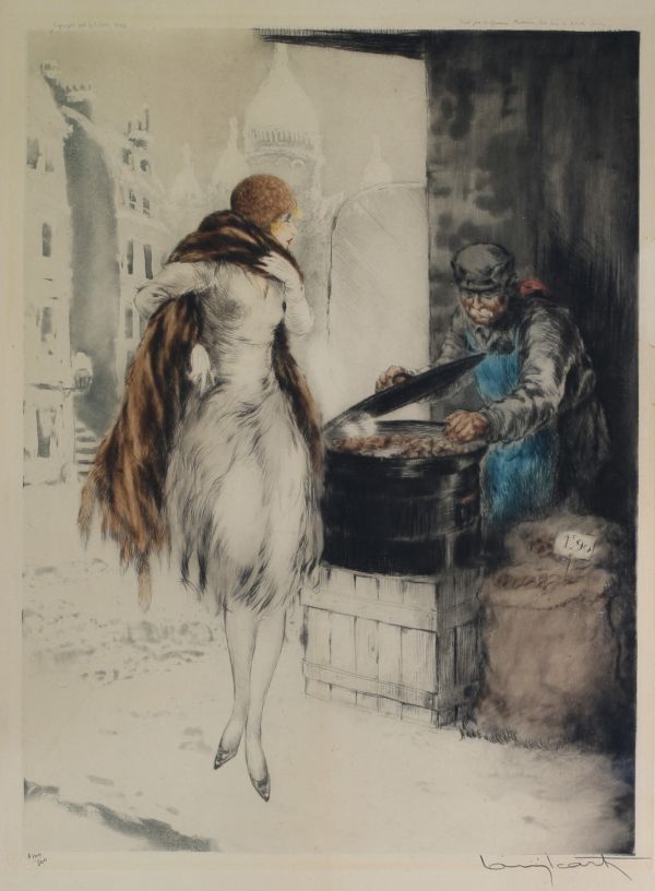 Louis ICART (1888-1950) ‘Marchand de marrons devant Montmartre’ Coloured engraving signed, 1928.