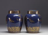 A pair of powder blue porcelain covered vases, decorated with roosters and flowers in gold, Qing dynasty, 19th century.