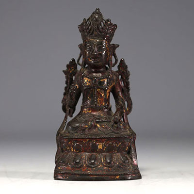 Chine - Bouddha en bronze polychrome, époque Ming.
