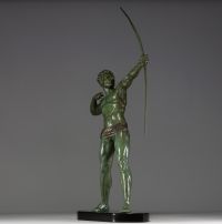 Jean DE RONCOURT (19th-20th century) ‘The Archer’ Large Art Deco sculpture in green patina regula on black marble base, circa 1930.