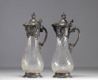 WMF, set of two twisted glass decanters, silver-plated metal frame.