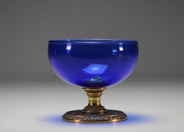 VERSACE - Blue glass bowl with gilded metal base.