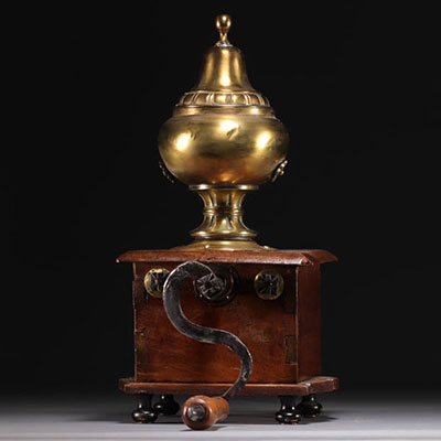 Walnut and brass coffee grinder, 18th-19th century.