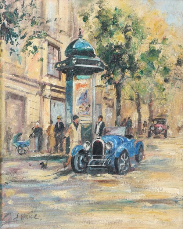 ‘Bugatti sur un boulevard parisien’ Oil on canvas, after “Parisian Snapshot” by Alan Fearnley