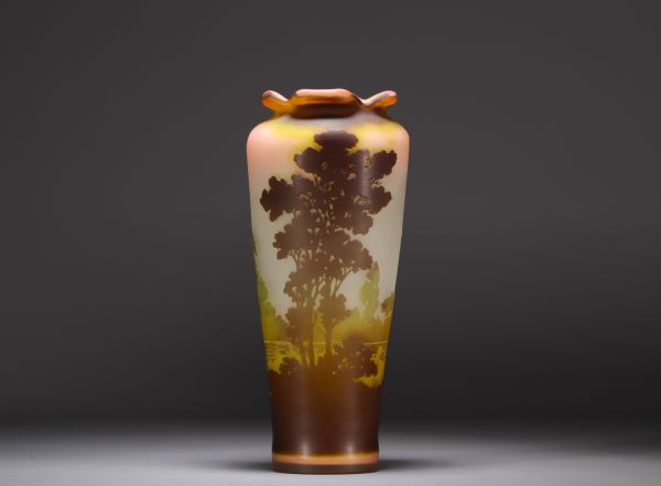 Émile GALLÉ (1846-1904) - Multi-layered glass vase decorated with trees and a pond, signed in the decoration.