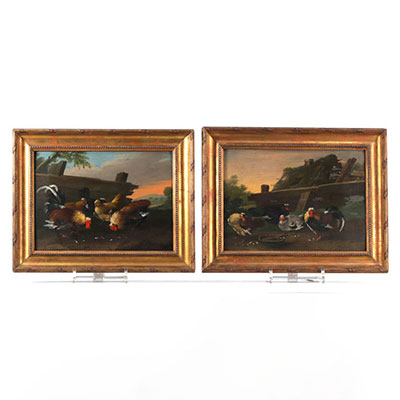 (2) Pair of oils on canvas showing scenes of hens and roosters from the late 19th century