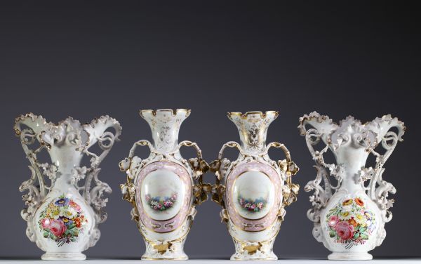 19th century Brussels porcelain vases and cones decorated with flowers.