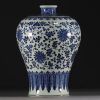 Chine - Vase de forme Meiping bleu blanc à décor floral et feuilles de bananier, période Qing.