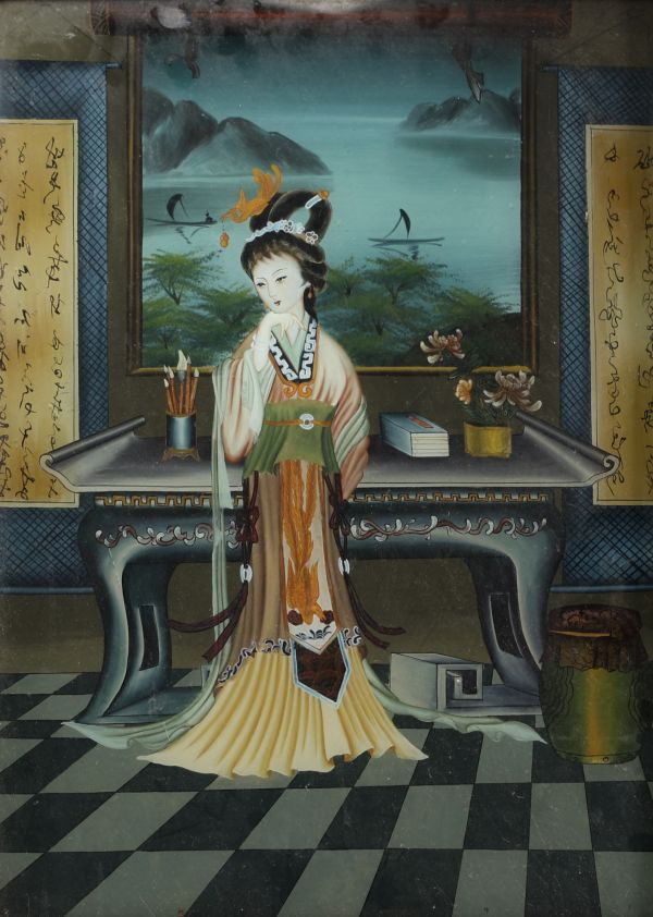 Japon - Peinture en fixé sous verre représentant une élégante, époque fin XIXème.