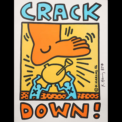 KEITH HARING - Crack Down Charity Poster, 1986 Hand signed by Keith Haring with black marker on poster front.