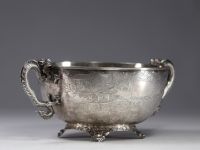 Hung Chong & Cie, large solid silver bowl with engraved landscape decoration, dragon-shaped handles.