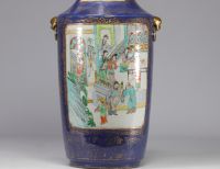 Large pair of blue powdered porcelain vases decorated with scenes of life from the 19th century