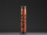 China - Carved bamboo incense cylinder with figures.