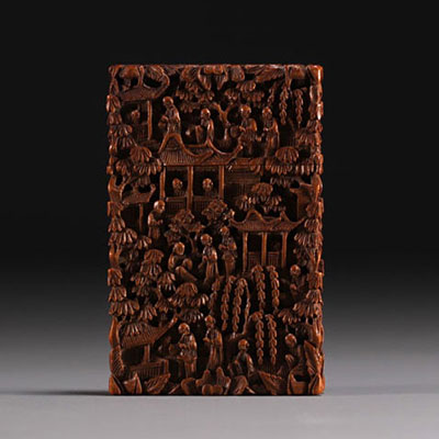 China - Wooden card box carved with characters, Canton, 19th century.