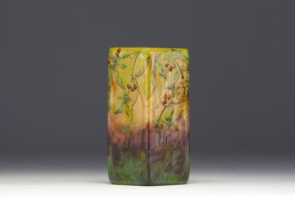 DAUM Nancy - Small vase in acid-etched multi-layered glass with enamelled decoration of rowan leaves and berries, signed.