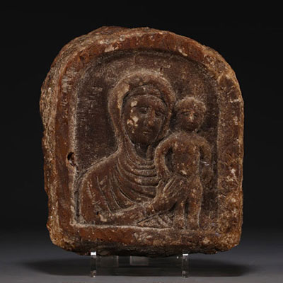 ‘Virgin and Child’ Iconic stone sculpture in metamorphic limestone.