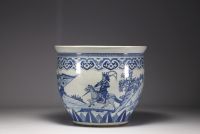 China - Imposing blue-white porcelain bowl with warrior design, 19th century.
