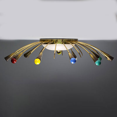 Large glass and brass ‘Spider’ ceiling light in the Stilnovo style, circa 1950.