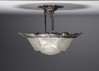 MULLER Frères Lunéville - Art Deco ceiling light in nickel-plated bronze, hexagonal dome in sandblasted glass, signed.