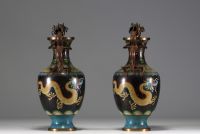 China - Pair of cloisonné vases, handles and body decorated with dragons.