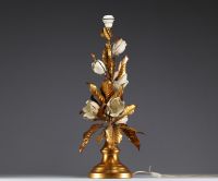 Large floral lamp in gold metal, cream-colored flowers, Italy circa 1960.