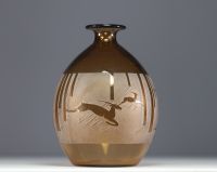 A large Art Deco vase with acid-etched decoration of archers and antelopes, signed Berlys circa 1925.