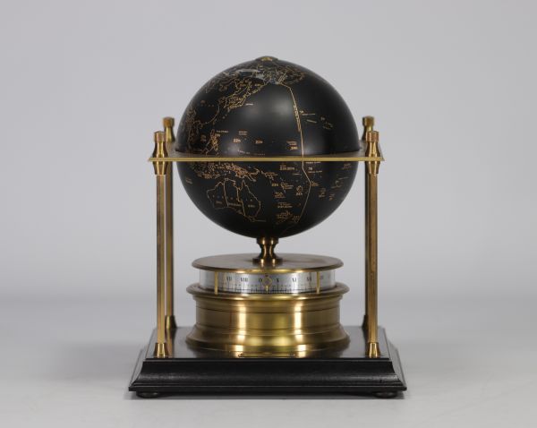 The Royal Geographical Society World Clock - Arthur IMHOF Black lacquered metal and gilt metal globe clock with brass identification plate