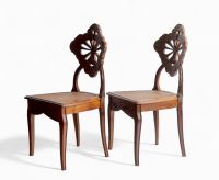 Émile GALLÉ (1846 - 1904) ‘Ombelles’ model Exceptional pair of solid walnut chairs, circa 1903-1904