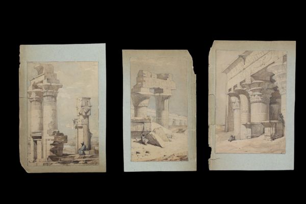 David ROBERTS (1796-1864) attr. to - Three views of the Temple of Edfu, pencil and watercolour on paper, circa 1838, over 100 years old