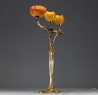 Louis MAJORELLE (1859-1926) ‘Magnolias’ Rare ormolu plant-shaped torch lamp with Daum Nancy glass wicks.