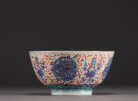 China - Large porcelain bowl decorated with lions in cartouche and flowers, Ming mark.