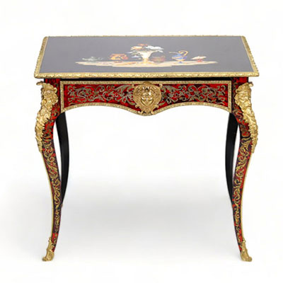 Alphonse GIROUX (1776-1848) Exceptionnelle table en marqueterie de marbre et bronze doré. Estampillée 