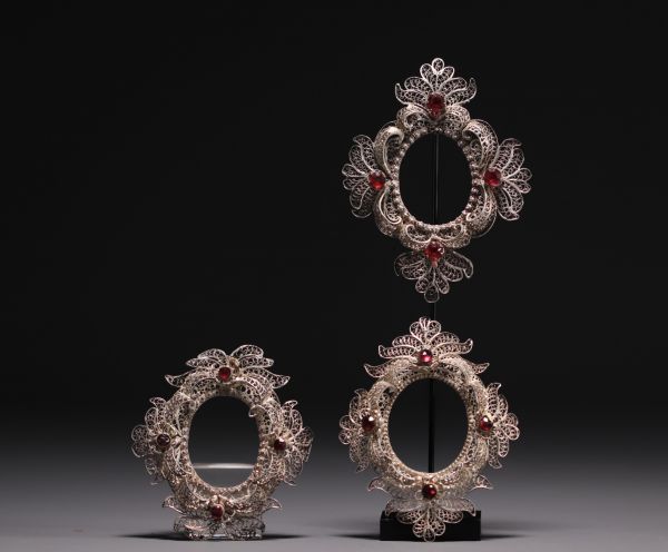 Rare set of three small silver frames with filigree and cut glass.