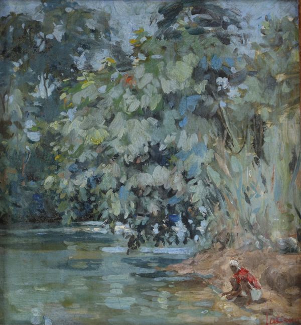 Jacques HANOT dit JACANO (1923-1995) ‘Bord de rivière en Afrique’ Oil on canvas, signed