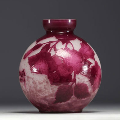 André Delatte (1887-1953) Acid-etched multi-layered glass vase decorated with fuchsias, signed.