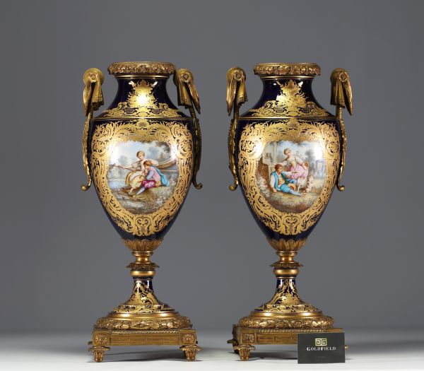 Sèvres - Pair of polychrome porcelain cassolettes with floral decoration, gilt bronze mounts, marks under the pieces.