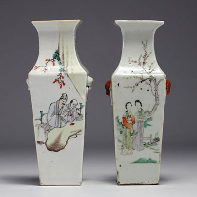 China - Set of two famille rose porcelain vases decorated with magi, ladies, landscapes and poems, red marks under the pieces.