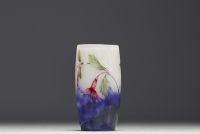 DAUM Nancy - Acid-etched multi-layered glass vase with enamelled fuchsia decoration, signed.