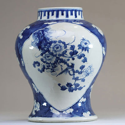 China - White and blue porcelain jug with cartouche decoration of prunus flowers, double-circle mark.