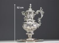 A very imposing ewer and tray in solid silver in the Italian Renaissance style.