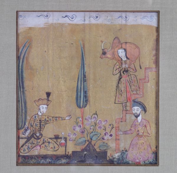 Belle miniature illustrant un épisode d'un manuscrit, Khâmse de Nezâmi-ye GANJAVI provenant d'Iran de l'école de Chiraz du XVIIe siècle